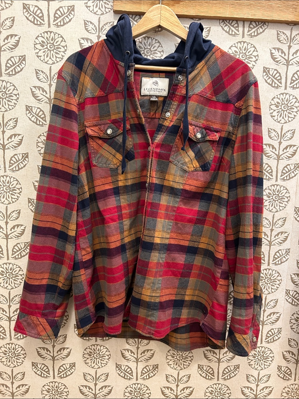 Legendary Whitetails Red, Orange, Brown Plaid Hooded Flannel Shirt